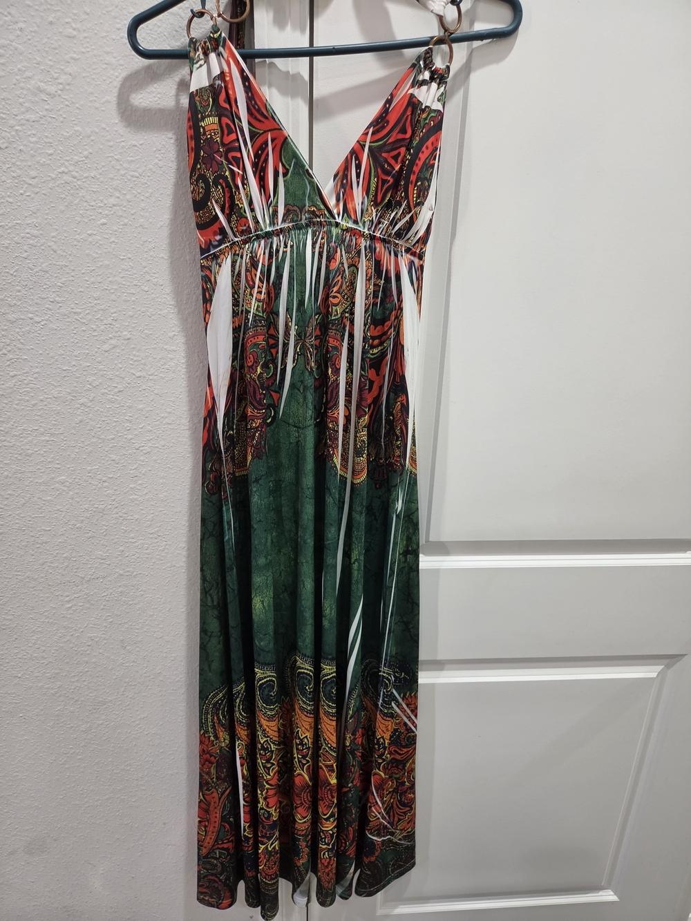 Body Central Green and Red Paisley Maxi Dress with Ring-Shoulder Detail